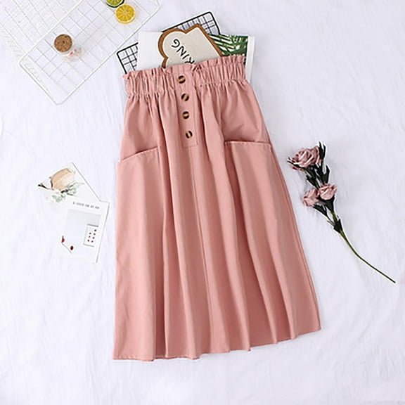 HCURIBAD Midi Skirt, Women's Casual Paper Bag Waist A Line Pleated Midi Skirt with Pockets, Skirts for Women, Flowy Skirt, Womens Skirts Pink One Size