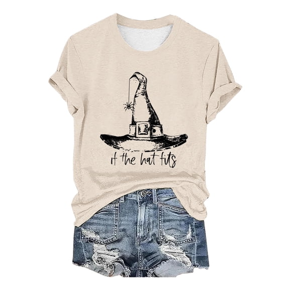 HCURIBAD T Shirts for Women, Graphic Tees Women's Halloween Print Crew Neck T-Shirt, Funny T-shirts, Womens Casual Tops, Sale Beige S