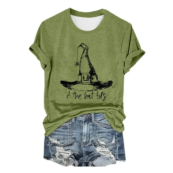 HCURIBAD T Shirts for Women, Graphic Tees Women's Halloween Print Crew Neck T-Shirt, Funny T-shirts, Womens Casual Tops, Sale Green L