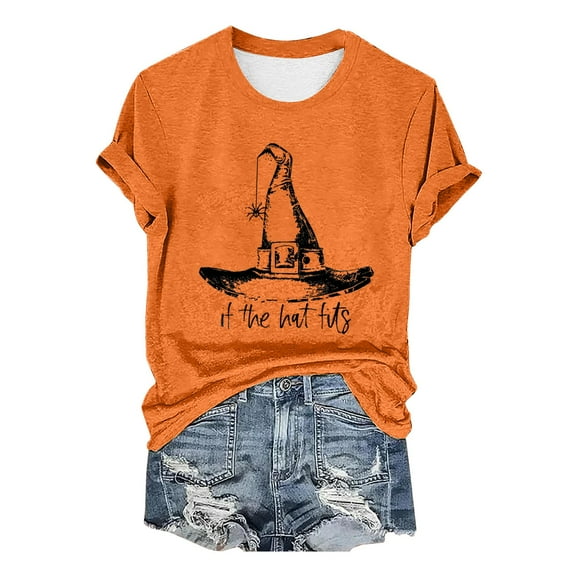 HCURIBAD T Shirts for Women, Graphic Tees Women's Halloween Print Crew Neck T-Shirt, Funny T-shirts, Womens Casual Tops, Sale Orange XL