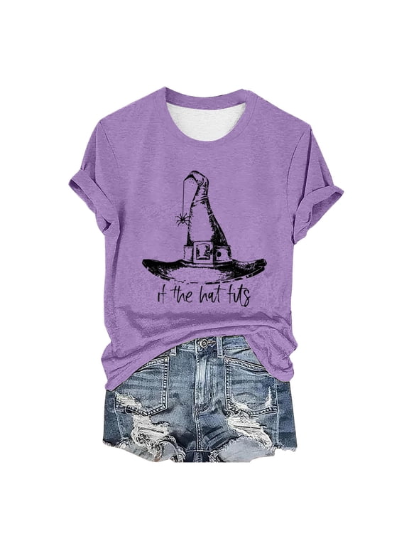 T Shirts for Women, Graphic Tees Women's Halloween Print Crew Neck T-Shirt, Funny T-shirts, Womens Casual Tops, Sale Purple 2XL
