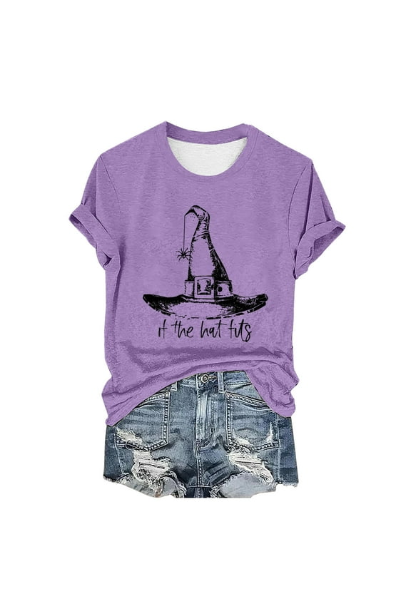 T Shirts for Women, Graphic Tees Women's Halloween Print Crew Neck T-Shirt, Funny T-shirts, Womens Casual Tops, Sale Purple M