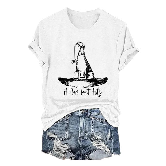 HCURIBAD T Shirts for Women, Graphic Tees Women's Halloween Print Crew Neck T-Shirt, Funny T-shirts, Womens Casual Tops, Sale White L