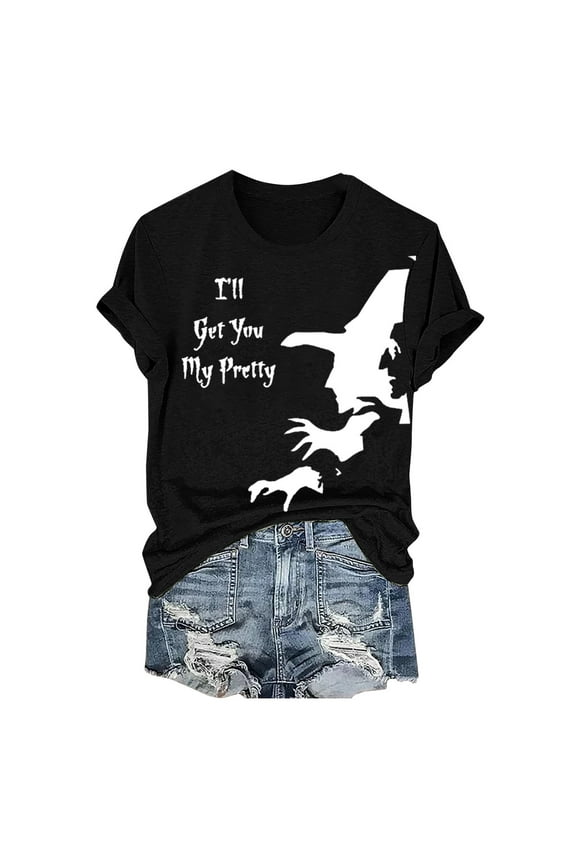 T Shirts for Women, Graphic Tees Women's Halloween Witch Print Crew Neck T Shirt, Funny T-shirts, Womens Casual Tops, Sale Black L