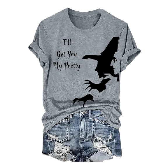 HCURIBAD T Shirts for Women, Graphic Tees Women's Halloween Witch Print Crew Neck T Shirt, Funny T-shirts, Womens Casual Tops, Sale Gray 3XL