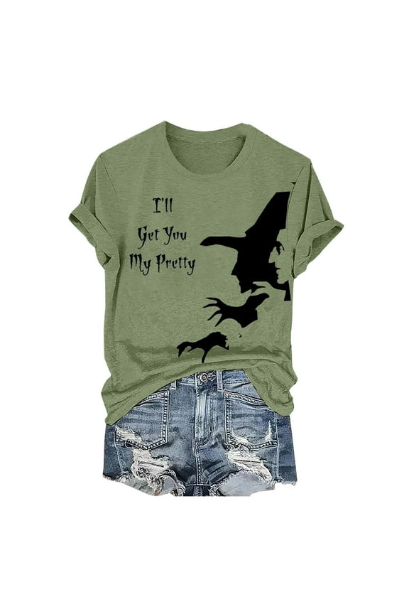 T Shirts for Women, Graphic Tees Women's Halloween Witch Print Crew Neck T Shirt, Funny T-shirts, Womens Casual Tops, Sale Green 2XL