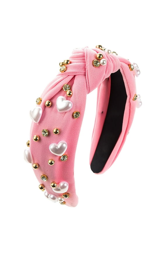 Valentine's Day Gift Pearl Knotted Headband for Women Love Styles White Pearl Rhinestone Crystal Jeweled Hairband Boho Head Band Headpieces Head Accessories Pink One Size