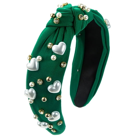 HCURIBAD Valentine's Day Gift Pearl Knotted Headband for Women Love Styles White Pearl Rhinestone Crystal Jeweled Hairband Boho Head Band Headpieces Head Accessories Green One Size