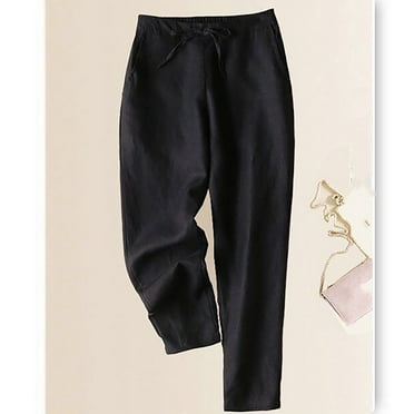 HCURIBAD Clearance! Womens Linen Pants Drawstring Soft Cropped Elastic Waist Cotton Pants with Pockets Flower Pants for Women, Work Pants Women, Wide Leg Pants, Loose Sweatpants Women Black 5XL
