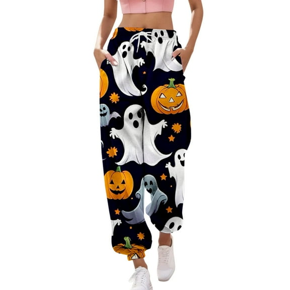 HCURIBAD Halloween Pants for Women Halloween Pajama Pants Women's Printed Casual Drawstring High Waisted Drawstring Pants, Wide Leg Yoga Pants, Flowy Pants for Women, Halloween Pajama Pants Orange L