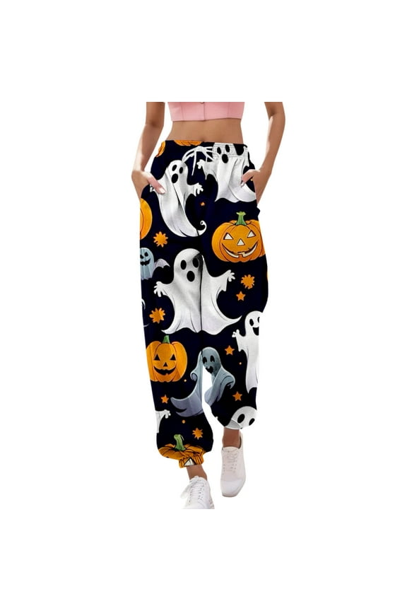 Halloween Pants for Women Halloween Pajama Pants Women's Printed Casual Drawstring High Waisted Drawstring Pants, Wide Leg Yoga Pants, Flowy Pants for Women, Halloween Pajama Pants Orange L