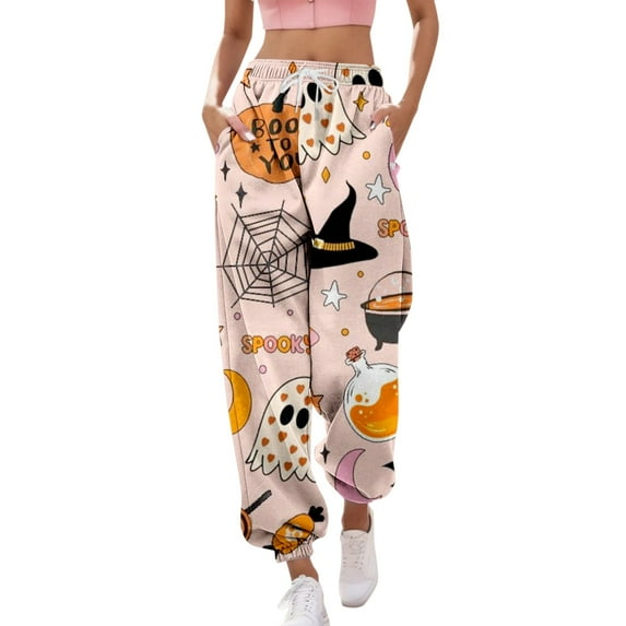 HCURIBAD Halloween Pants for Women Halloween Pajama Pants Women's Printed Casual Drawstring High Waisted Drawstring Pants, Wide Leg Yoga Pants, Flowy Pants for Women, Halloween Pajama Pants Beige L