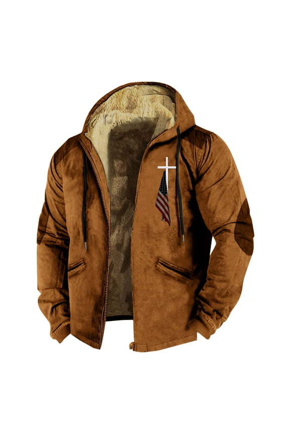 Jackets for Men Men's Winter 3D Flag Print Drawstring Hooded Zipper Warm Cotton Jacket Winter Coats for Men Fleece Jacket Men Long Sleeve Jackets, 1PC Cotton Jacket Brown XL