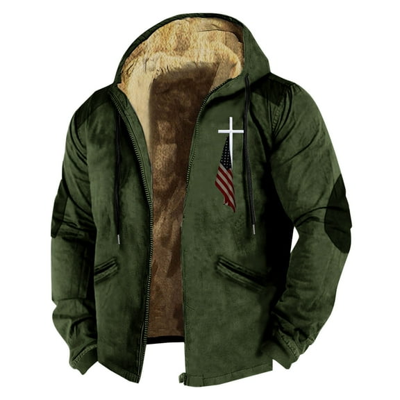 HCURIBAD Jackets for Men Men's Winter 3D Flag Print Drawstring Hooded Zipper Warm Cotton Jacket Winter Coats for Men Fleece Jacket Men Long Sleeve Jackets, 1PC Cotton Jacket Army Green L