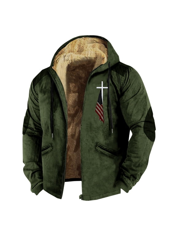 Jackets for Men Men's Winter 3D Flag Print Drawstring Hooded Zipper Warm Cotton Jacket Winter Coats for Men Fleece Jacket Men Long Sleeve Jackets, 1PC Cotton Jacket Army Green L