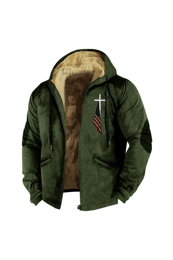 Jackets for Men Men's Winter 3D Flag Print Drawstring Hooded Zipper Warm Cotton Jacket Winter Coats for Men Fleece Jacket Men Long Sleeve Jackets, 1PC Cotton Jacket Army Green L