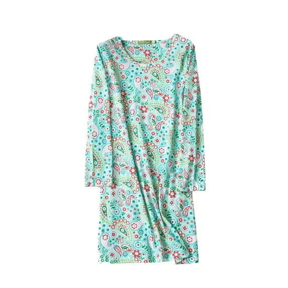HCURIBAD Nightgowns for Women Women's Cute Printed Long Sleeve Round Neck Nightgown Knitted Cotton Sleepwear, Womens Pajama Dress, Knit Dresses for Women, Long Sleeve Pajamas Blue L