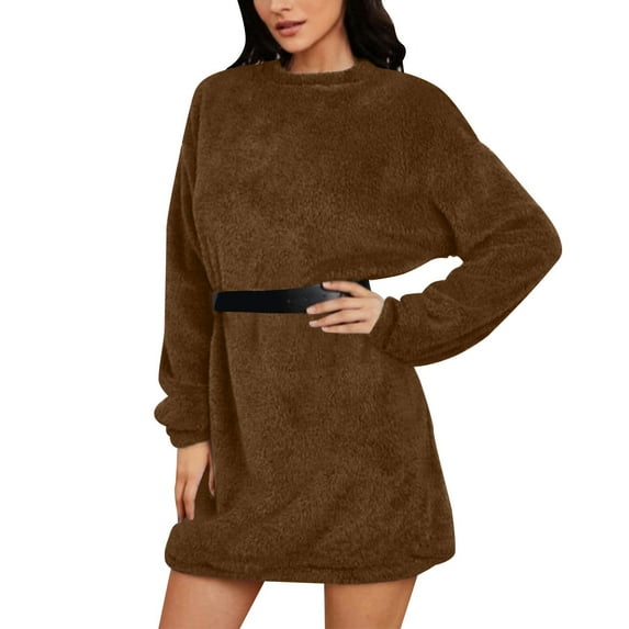 HCURIBAD Oversized Sweater Dress for Women Women's Furry Pullover Sweater Dress Loose Oversized Long Knitted Tops, Long Sweater Brown M