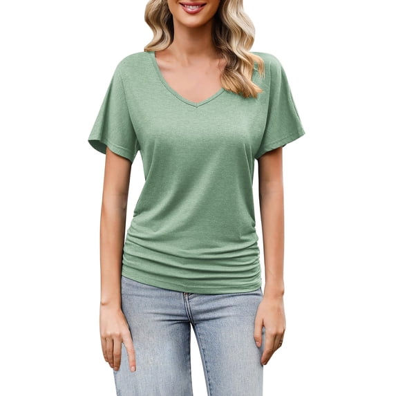 HCURIBAD Ruched Tops for Women, Women's Short Sleeve Shirts V Neck Blouse Ruched Business Casual Basic Tunic Tops S-2XL, Batwing Tops for Women Green S