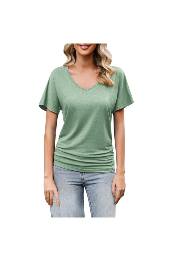 Ruched Tops for Women, Women's Short Sleeve Shirts V Neck Blouse Ruched Business Casual Basic Tunic Tops S-2XL, Batwing Tops for Women Green S