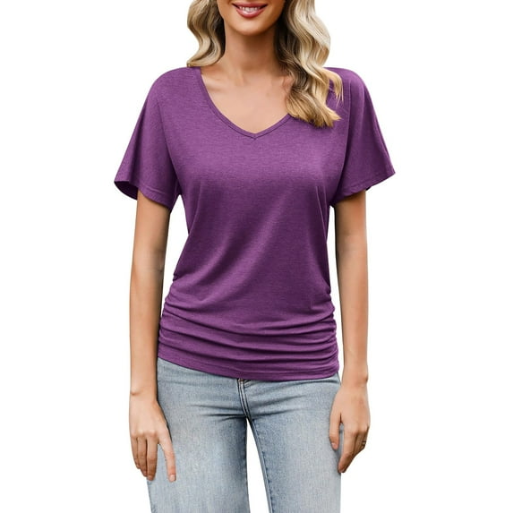 HCURIBAD Ruched Tops for Women, Women's Short Sleeve Shirts V Neck Blouse Ruched Business Casual Basic Tunic Tops S-2XL, Batwing Tops for Women Purple XL