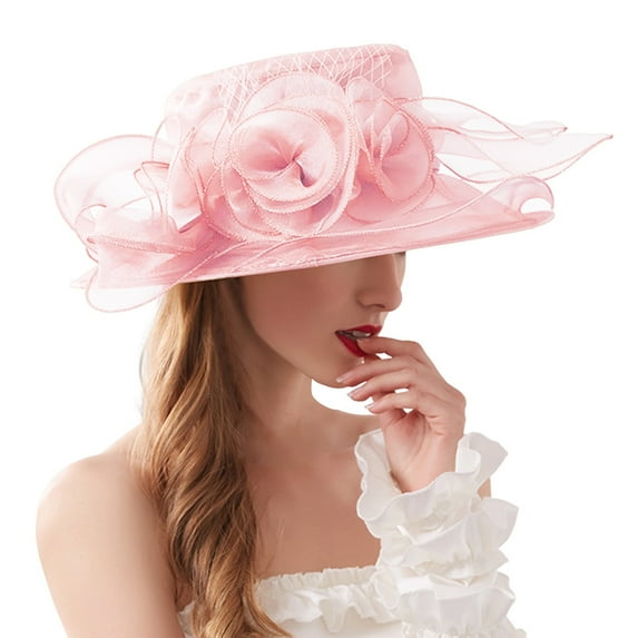 HCURIBAD Women's Clothing Organza Church Fascinator Wedding Tea Party Derby Hats for Women Flower Wide Brim Sun Hat Fascinator Bridal Cap 1PC Pink One Size