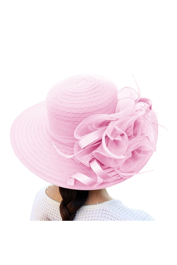 Women's Clothing Organza Church Fascinator Wedding Tea Party Derby Hats for Women Flower Wide Brim Sun Hat Fascinator Bridal Cap 1PC Pink One Size