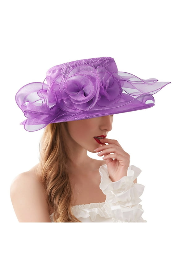 Women's Clothing Organza Church Fascinator Wedding Tea Party Derby Hats for Women Flower Wide Brim Sun Hat Fascinator Bridal Cap 1PC Purple One Size