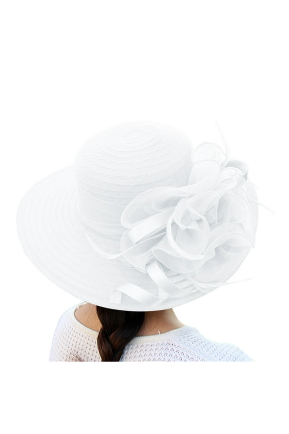 Women's Clothing Organza Church Fascinator Wedding Tea Party Derby Hats for Women Flower Wide Brim Sun Hat Fascinator Bridal Cap 1PC White One Size