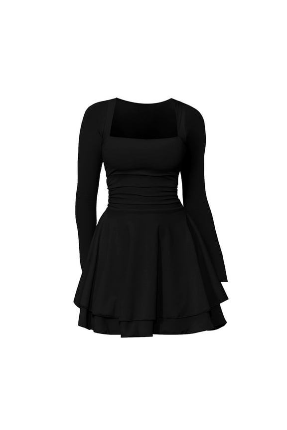 Women's Long Sleeve Dresses Square Neck Casual Party Club A-Line Mini Dress, A Dress Black M