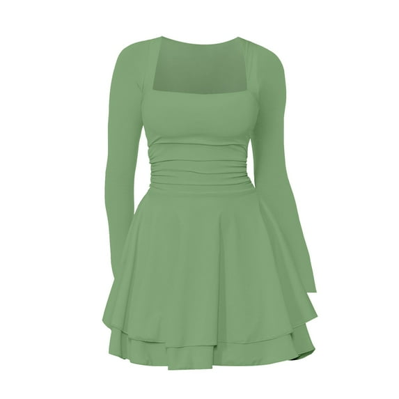 HCURIBAD Women's Long Sleeve Dresses Square Neck Casual Party Club A-Line Mini Dress, A Dress Green S
