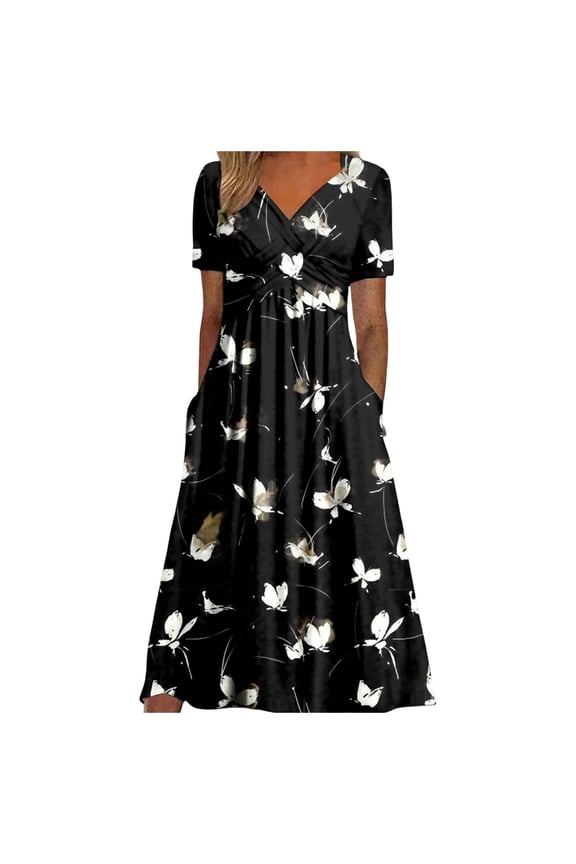 Womens Dresses, Casual Dresses Women's Short Sleeve Dress Wrap V Neck Flowy Beach Sun Dress with Pockets, Fall Dresses for Women 2024, Maxi Dresses for Women White1 L