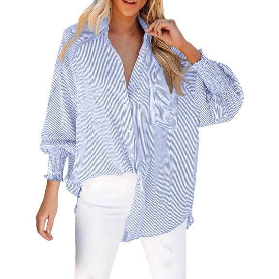 HCURIBAD Womens Oversized Button Down Shirts Business Casual Long Sleeve Blouse Work Striped Tops, 1PC Shirt Blue M