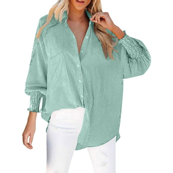 HCURIBAD Womens Oversized Button Down Shirts Business Casual Long Sleeve Blouse Work Striped Tops, 1PC Shirt Green S