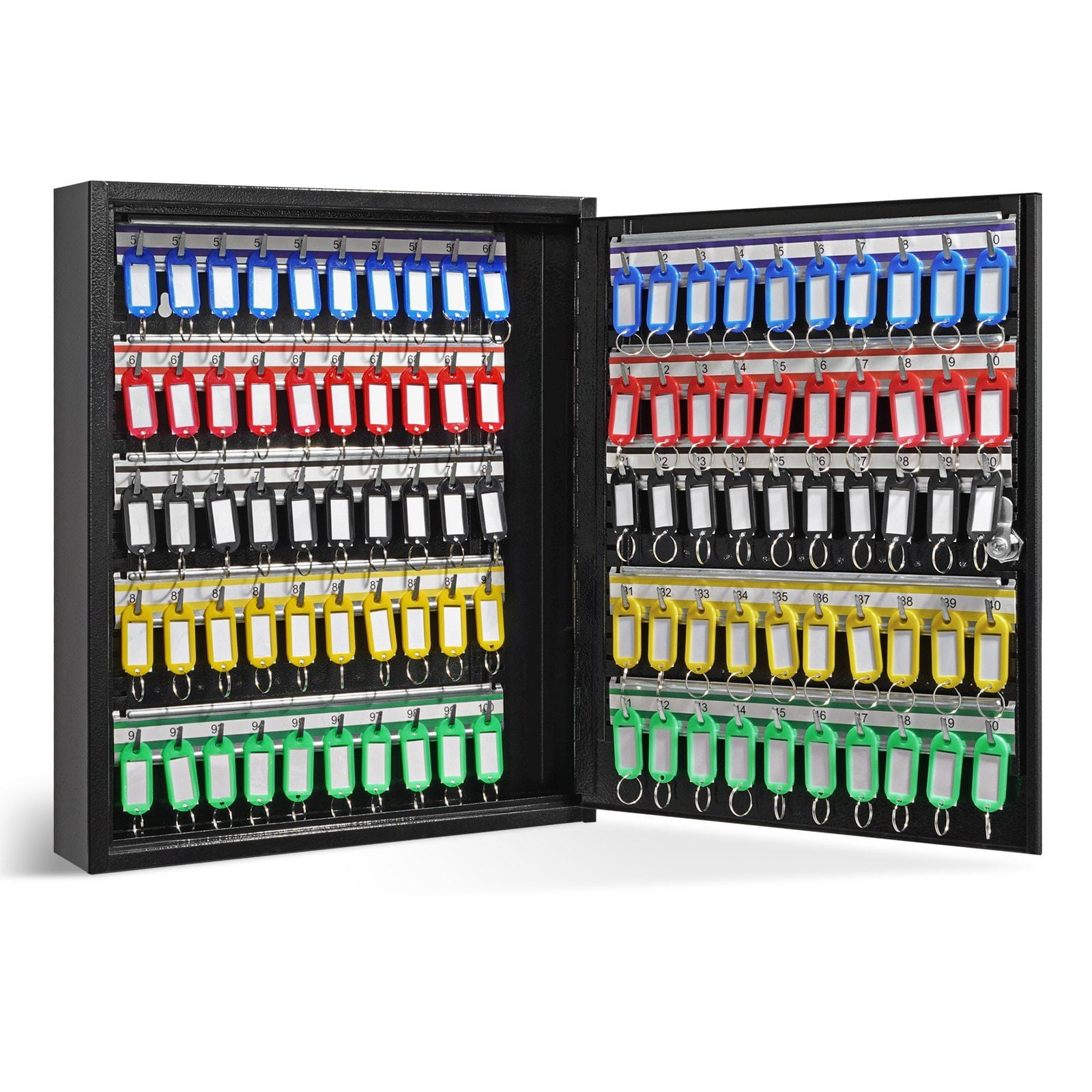 HCY 100-Key Cabinet, Key Lock Box with Adjustable Racks, Security Key Storage Box Steel, Key Organizer with 100 Colorful Key Tags and 2 Record Cards for School, Office, Hotel
