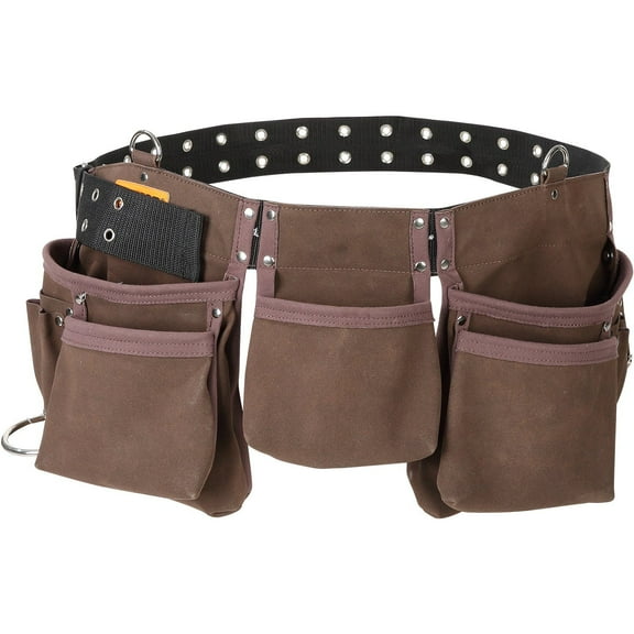 HCY 13 Pockets Tool Belt, Adjusts from 29 Inches to 54 Inches, Leather Heavy Duty Tool Pouch Bag with Dual Hammer Loops, Tool Bag for Electrician, Carpenter, Handyman, Construction, Framer, Brown
