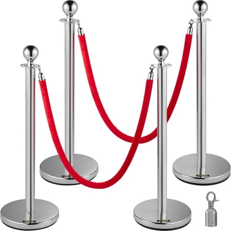 HCY 4PCS Stainless Steel Stanchion Posts Queue, Red Velvet Ropes Silver, 38In Rope Barriers Queue Line Crowd Control Barriers for Party Supplies