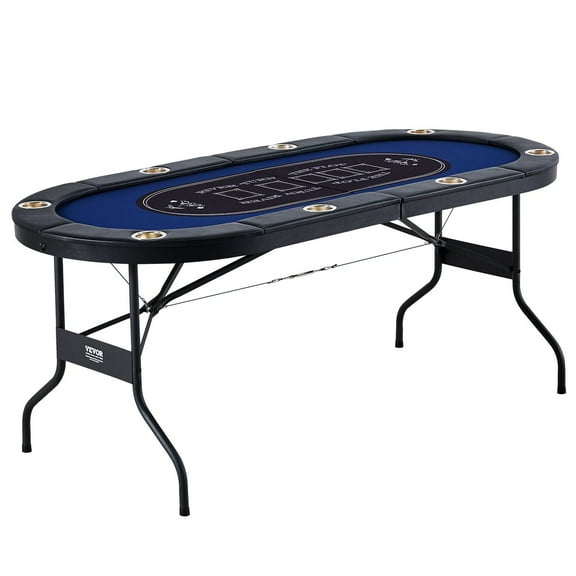 HCY 8 Player Foldable Poker Table, Blackjack Texas Holdem Poker Table with Padded Rails and Stainless Steel Cup Holders, Portable Folding Card Board Game Table, 72" Oval Casino Leisure Table, Blue