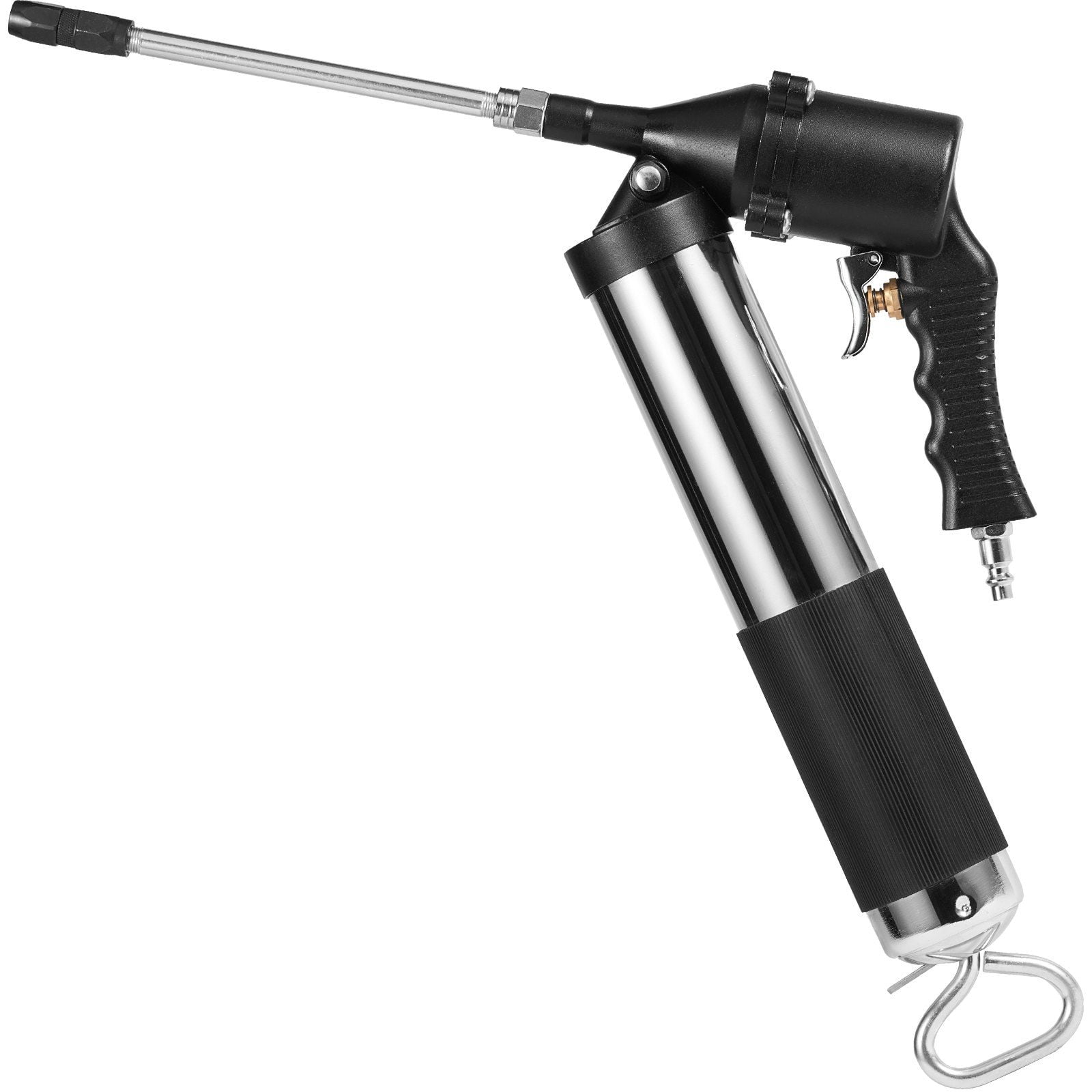 HCY Air Operated Grease Gun, 6000PSI, 14 OZ/400 CC Capacity Heavy Duty Pneumatic Grease Gun, with 18.5 Inch Flexible Hose, 1 Black Flat Coupler Pointed Coupler Bent Metal Pipe Locking Clamp Coupler