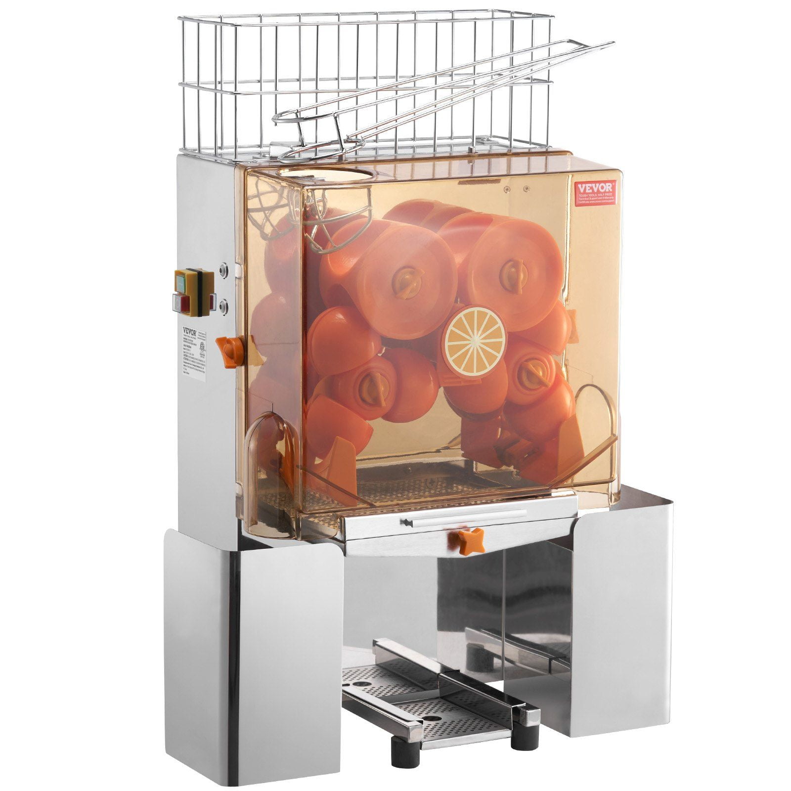 HCY Commercial Orange Juicer Machine, 120W Automatic Juice Extractor, Stainless Steel Orange Squeezer for 20 Oranges Per Minute, with Pull-Out Filter Box, PC Cover, 2 Peel Collecting Buckets