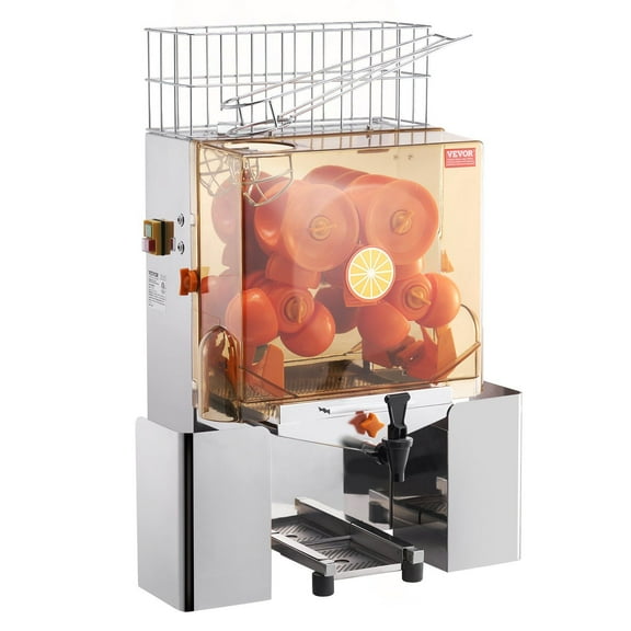 HCY Commercial Orange Juicer Machine, 120W Automatic Juice Extractor with Water Tap, Stainless Steel Orange Squeezer 20 Oranges/Minute, with Pull-Out Filter Box, PC Cover, 2 Peel Collecting Buckets