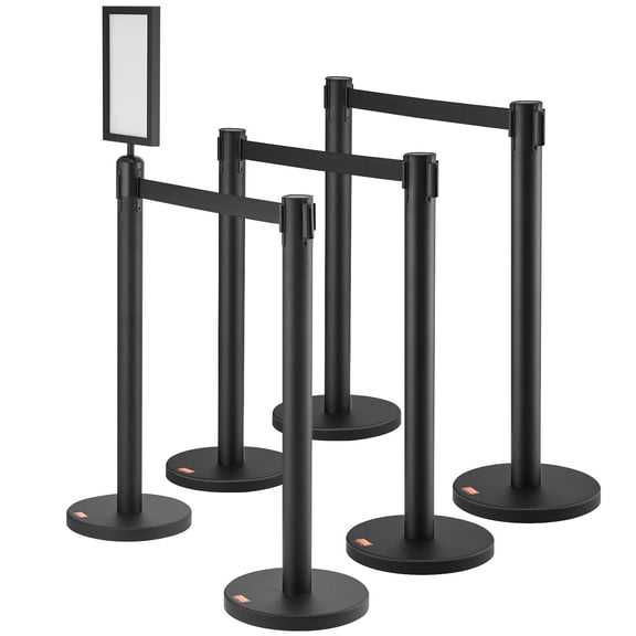 HCY Crowd Control Stanchions, 6-Pack Crowd Control Barriers, Carbon Steel Baking Painted Stanchion Queue Post with Sign Holder & 3PCS 6.5FT Retractable Belt, Belt Barrier Line Divider, Easy Assembly