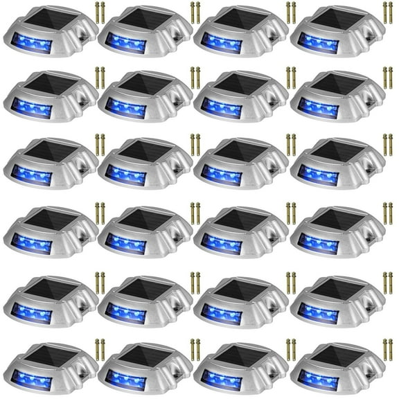 HCY Driveway Lights 24-Pack, Solar Driveway Lights with Switch Button, Solar Deck Lights Waterproof, Wireless Dock Lights 6 LEDs for Path Warning Garden Walkway Sidewalk Steps, LED Bright Blue