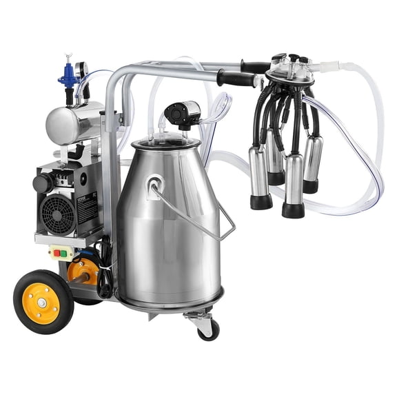 HCY Electric Cow Milking Machine, 6.6 Gal / 25 L 304 Stainless Steel Bucket, Automatic Pulsation Vacuum Milker, Portable Milker with Food-grade Silicone Cups and Tubes, Adjustable Pressure