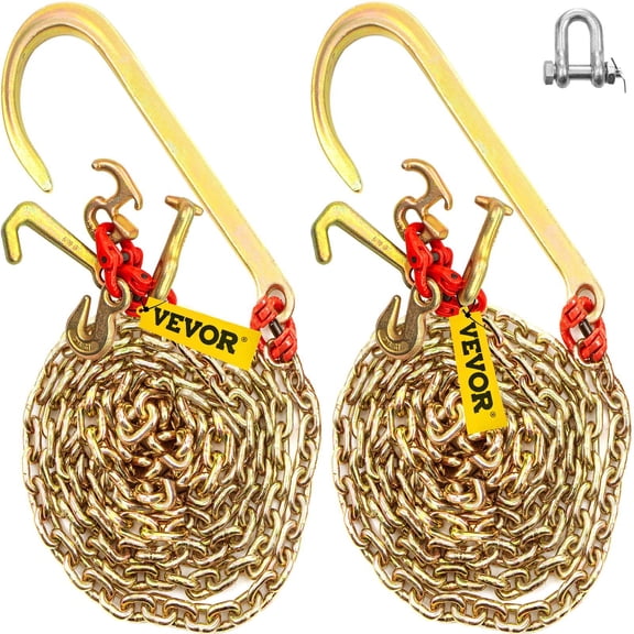 HCY J Hook Chain, 5/16 in x 10 ft Bridle Tow Chain, G80 Bridle Transport Chain, Alloy Steel Chain with 2 G70 J Hooks, 9260 Lbs Break Strength Tow Hooks for Trucks, J Hooks Towing Straps 2PCS