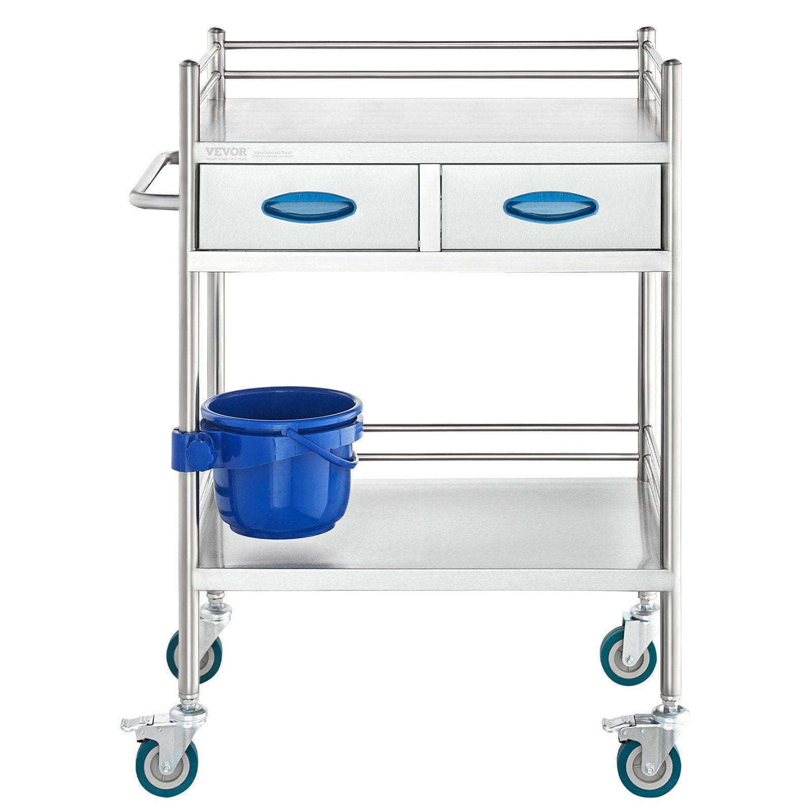 HCY Lab Serving Cart, 2 Layers Stainless Steel Utility Rolling Cart, Medical Cart with Two Drawers, Dental Utility Cart with Lockable Wheels and A Bucket, for Laboratory, Hospital, Dental Use