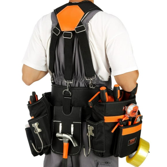 HCY Tool Belt with Suspenders, 29 Pockets, 29-54 inches Adjustable Waist Size, Tool Belts for Men, 600D Polyester Heavy Duty Carpenter Tool Pouch for Carpenters, Electricians, and Gardening, Black