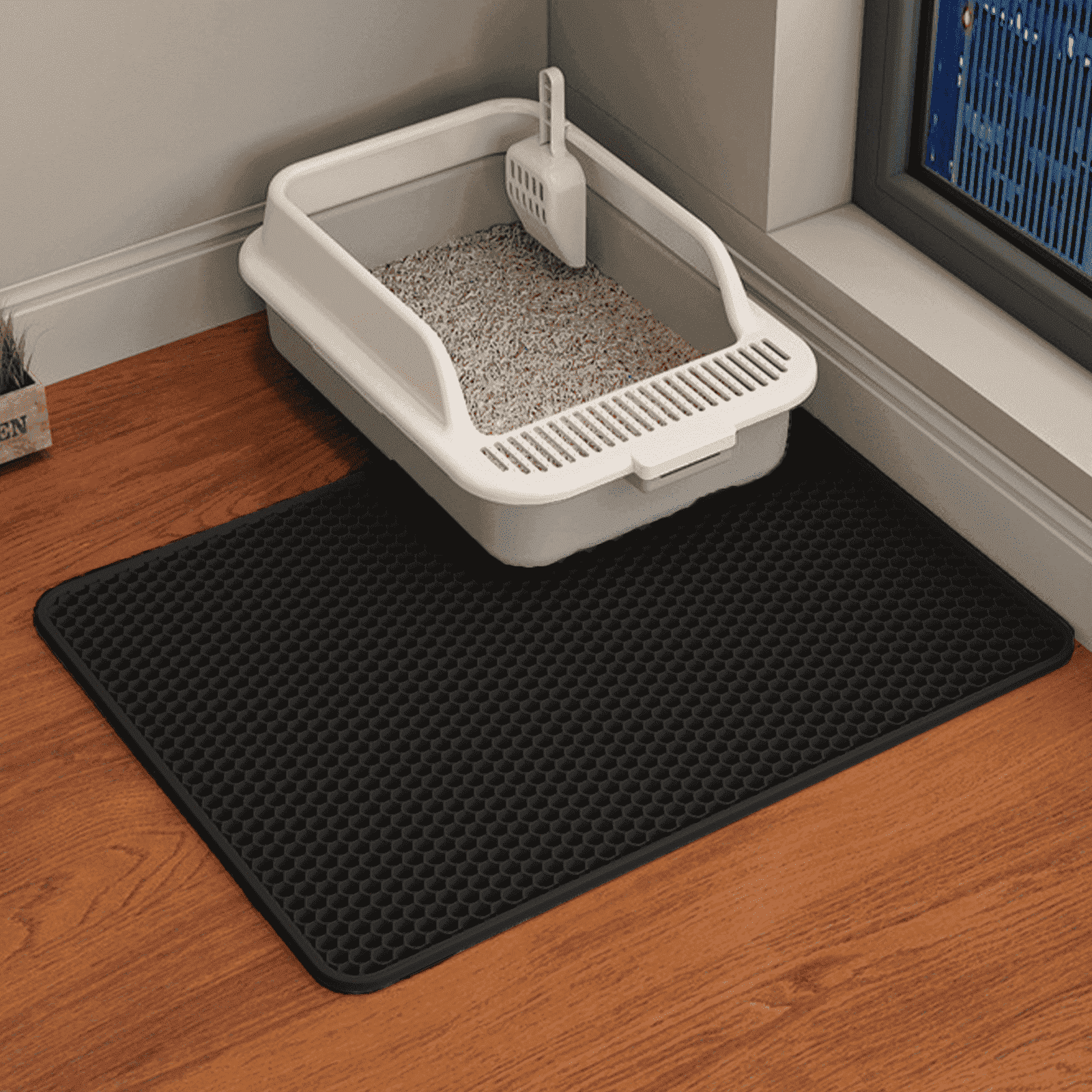 HCY&WLD Cat Litter Mat, Waterproof Double Layer Honeycomb Litter Trapping Mats, Easy to Clean, Less Waste (24"x18", Black)