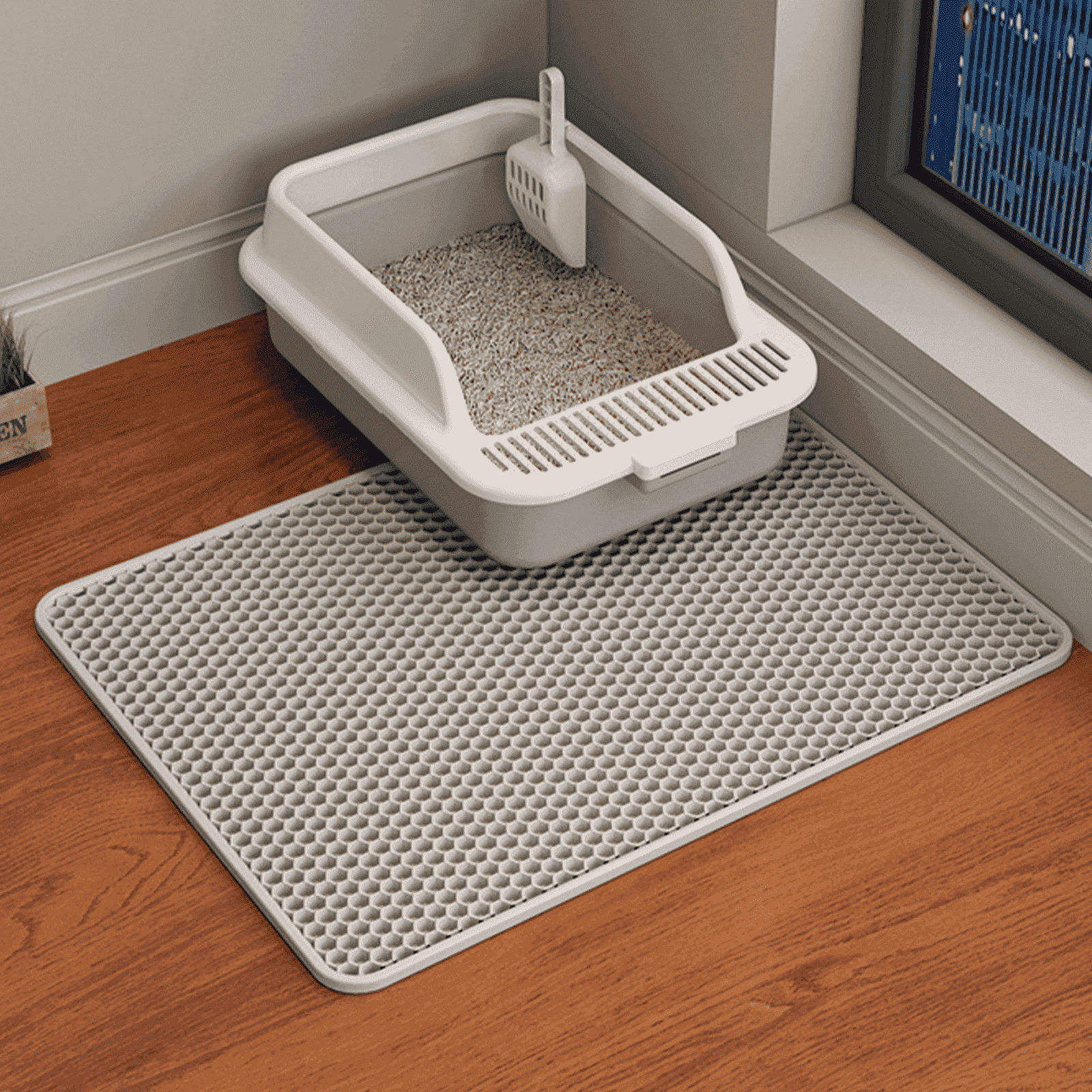HCY&WLD Cat Litter Mat, Waterproof Double Layer Honeycomb Litter Trapping Mats, Easy to Clean, Less Waste (24"x18", Gray)