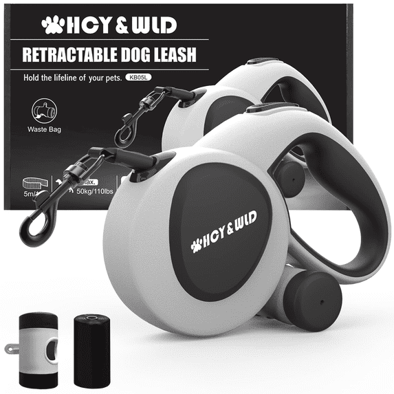 HCY&WLD Multifunctional Retractable Dog Leash with Dispenser & Poop Bags, 16 ft Durable Heavy Duty Dog Leash with Anti-Slip Handle for Dogs up to 110 lbs, 360° Tangle-Free, One Button Brake & Lock
